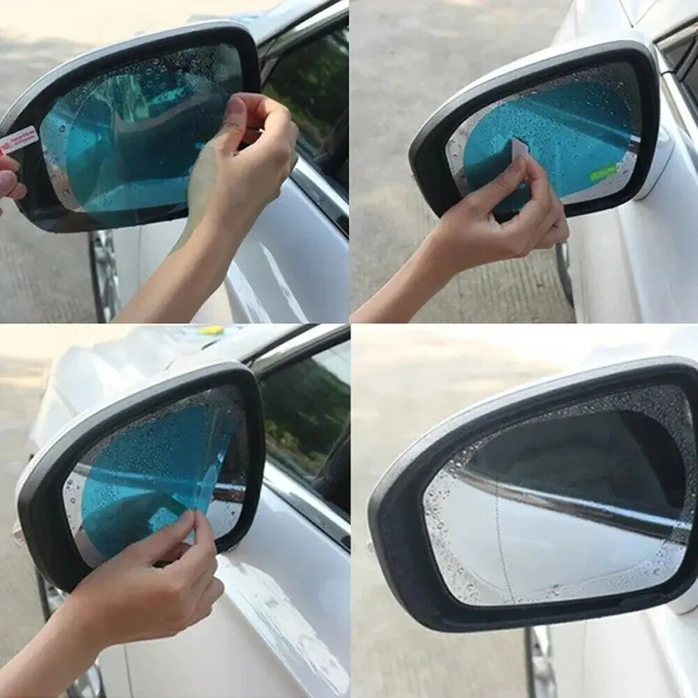 Step-by-step process of using a car mirror cleaning tool on a car side mirror.