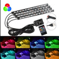 Car interior LED strip lights with remote control and power adapter, showing RGB color options.
