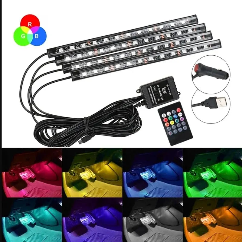 Car interior LED strip lights with remote control and power adapter, showing RGB color options.