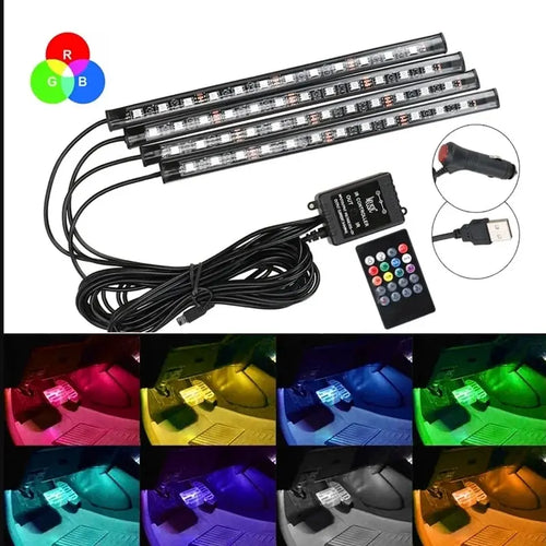 Car interior LED strip lights with remote control and power adapter, showing RGB color options.
